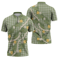 Aloha Puakenikeni Anthurium Pikake Lei Zipper Polo Shirt Green Hawaiian Palaka Pattern LT9 - Polynesian Pride