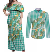 Aloha Puakenikeni Anthurium Pikake Lei Couples Matching Off Shoulder Maxi Dress and Long Sleeve Button Shirt Marine Hawaiian Palaka Pattern