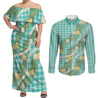Aloha Puakenikeni Anthurium Pikake Lei Couples Matching Off Shoulder Maxi Dress and Long Sleeve Button Shirt Marine Hawaiian Palaka Pattern LT9 Marine - Polynesian Pride