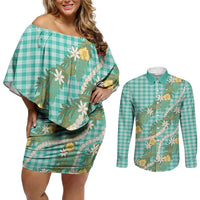 Aloha Puakenikeni Anthurium Pikake Lei Couples Matching Off Shoulder Short Dress and Long Sleeve Button Shirt Marine Hawaiian Palaka Pattern LT9 Marine - Polynesian Pride