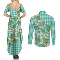 Aloha Puakenikeni Anthurium Pikake Lei Couples Matching Summer Maxi Dress and Long Sleeve Button Shirt Marine Hawaiian Palaka Pattern