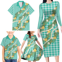 Aloha Puakenikeni Anthurium Pikake Lei Family Matching Long Sleeve Bodycon Dress and Hawaiian Shirt Marine Hawaiian Palaka Pattern