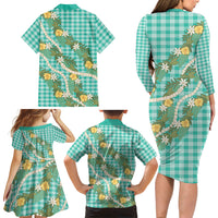 Aloha Puakenikeni Anthurium Pikake Lei Family Matching Long Sleeve Bodycon Dress and Hawaiian Shirt Marine Hawaiian Palaka Pattern