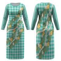 Aloha Puakenikeni Anthurium Pikake Lei Family Matching Long Sleeve Bodycon Dress and Hawaiian Shirt Marine Hawaiian Palaka Pattern LT9 Mom's Dress Marine - Polynesian Pride