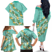Aloha Puakenikeni Anthurium Pikake Lei Family Matching Off The Shoulder Long Sleeve Dress and Hawaiian Shirt Marine Hawaiian Palaka Pattern LT9 Mom's Dress Marine - Polynesian Pride