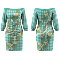 Aloha Puakenikeni Anthurium Pikake Lei Family Matching Off The Shoulder Long Sleeve Dress and Hawaiian Shirt Marine Hawaiian Palaka Pattern LT9 Mom's Dress Marine - Polynesian Pride