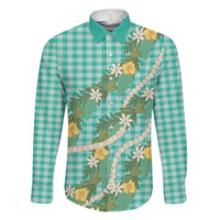 Aloha Puakenikeni Anthurium Pikake Lei Family Matching Off The Shoulder Long Sleeve Dress and Hawaiian Shirt Marine Hawaiian Palaka Pattern LT9 Daughter's Dress Marine - Polynesian Pride