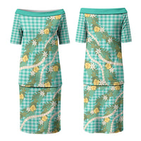 Aloha Puakenikeni Anthurium Pikake Lei Family Matching Puletasi and Hawaiian Shirt Marine Hawaiian Palaka Pattern LT9 Mom's Dress Marine - Polynesian Pride
