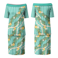 Aloha Puakenikeni Anthurium Pikake Lei Family Matching Puletasi and Hawaiian Shirt Marine Hawaiian Palaka Pattern LT9 Mom's Dress Marine - Polynesian Pride