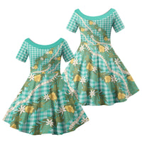 Aloha Puakenikeni Anthurium Pikake Lei Family Matching Puletasi and Hawaiian Shirt Marine Hawaiian Palaka Pattern LT9 Daughter's Dress Marine - Polynesian Pride