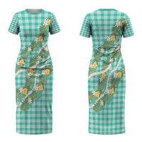 Aloha Puakenikeni Anthurium Pikake Lei Family Matching Short Sleeve Bodycon Dress and Hawaiian Shirt Marine Hawaiian Palaka Pattern LT9 Mom's Dress Marine - Polynesian Pride