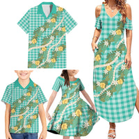 Aloha Puakenikeni Anthurium Pikake Lei Family Matching Summer Maxi Dress and Hawaiian Shirt Marine Hawaiian Palaka Pattern