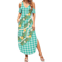 Aloha Puakenikeni Anthurium Pikake Lei Family Matching Summer Maxi Dress and Hawaiian Shirt Marine Hawaiian Palaka Pattern