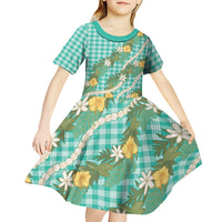 Aloha Puakenikeni Anthurium Pikake Lei Kid Short Sleeve Dress Marine Hawaiian Palaka Pattern LT9 - Polynesian Pride