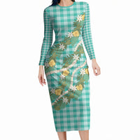 Aloha Puakenikeni Anthurium Pikake Lei Long Sleeve Bodycon Dress Marine Hawaiian Palaka Pattern LT9 Long Dress Marine - Polynesian Pride