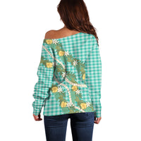 Aloha Puakenikeni Anthurium Pikake Lei Off Shoulder Sweater Marine Hawaiian Palaka Pattern LT9 - Polynesian Pride