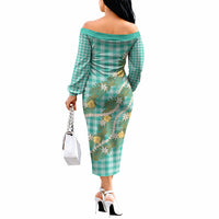 Aloha Puakenikeni Anthurium Pikake Lei Off The Shoulder Long Sleeve Dress Marine Hawaiian Palaka Pattern LT9 - Polynesian Pride