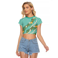 Aloha Puakenikeni Anthurium Pikake Lei Raglan Cropped T Shirt Marine Hawaiian Palaka Pattern LT9 Female Marine - Polynesian Pride