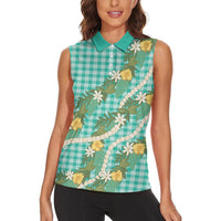 Aloha Puakenikeni Anthurium Pikake Lei Women Sleeveless Polo Shirt Marine Hawaiian Palaka Pattern