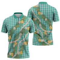 Aloha Puakenikeni Anthurium Pikake Lei Zipper Polo Shirt Marine Hawaiian Palaka Pattern LT9 - Polynesian Pride
