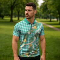Aloha Puakenikeni Anthurium Pikake Lei Zipper Polo Shirt Marine Hawaiian Palaka Pattern LT9 - Polynesian Pride
