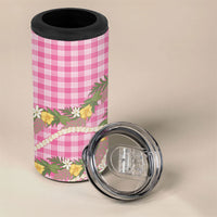 Aloha Puakenikeni Anthurium Pikake Lei 4 in 1 Can Cooler Tumbler Tropical Pink Hawaiian Palaka Pattern