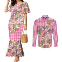 Aloha Puakenikeni Anthurium Pikake Lei Couples Matching Mermaid Dress and Long Sleeve Button Shirt Tropical Pink Hawaiian Palaka Pattern