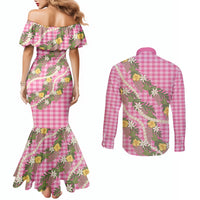 Aloha Puakenikeni Anthurium Pikake Lei Couples Matching Mermaid Dress and Long Sleeve Button Shirt Tropical Pink Hawaiian Palaka Pattern