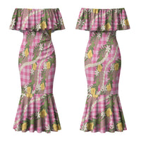 Aloha Puakenikeni Anthurium Pikake Lei Couples Matching Mermaid Dress and Long Sleeve Button Shirt Tropical Pink Hawaiian Palaka Pattern LT9