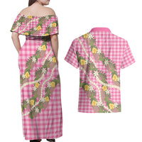 Aloha Puakenikeni Anthurium Pikake Lei Couples Matching Off Shoulder Maxi Dress and Hawaiian Shirt Tropical Pink Hawaiian Palaka Pattern