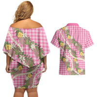 Aloha Puakenikeni Anthurium Pikake Lei Couples Matching Off Shoulder Short Dress and Hawaiian Shirt Tropical Pink Hawaiian Palaka Pattern
