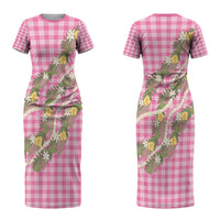 Aloha Puakenikeni Anthurium Pikake Lei Couples Matching Short Sleeve Bodycon Dress and Long Sleeve Button Shirt Tropical Pink Hawaiian Palaka Pattern LT9 - Polynesian Pride