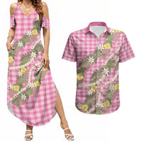 Aloha Puakenikeni Anthurium Pikake Lei Couples Matching Summer Maxi Dress and Hawaiian Shirt Tropical Pink Hawaiian Palaka Pattern LT9 Pink - Polynesian Pride