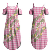 Aloha Puakenikeni Anthurium Pikake Lei Couples Matching Summer Maxi Dress and Long Sleeve Button Shirt Tropical Pink Hawaiian Palaka Pattern LT9