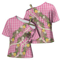 Aloha Puakenikeni Anthurium Pikake Lei Cross Shoulder Shirt Tropical Pink Hawaiian Palaka Pattern LT9 - Polynesian Pride