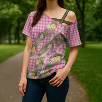 Aloha Puakenikeni Anthurium Pikake Lei Cross Shoulder Shirt Tropical Pink Hawaiian Palaka Pattern LT9 - Polynesian Pride