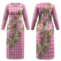 Aloha Puakenikeni Anthurium Pikake Lei Family Matching Long Sleeve Bodycon Dress and Hawaiian Shirt Tropical Pink Hawaiian Palaka Pattern LT9 - Polynesian Pride
