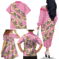 Aloha Puakenikeni Anthurium Pikake Lei Family Matching Off The Shoulder Long Sleeve Dress and Hawaiian Shirt Tropical Pink Hawaiian Palaka Pattern