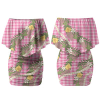 Aloha Puakenikeni Anthurium Pikake Lei Family Matching Off Shoulder Short Dress and Hawaiian Shirt Tropical Pink Hawaiian Palaka Pattern LT9 - Polynesian Pride