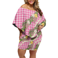 Aloha Puakenikeni Anthurium Pikake Lei Family Matching Off Shoulder Short Dress and Hawaiian Shirt Tropical Pink Hawaiian Palaka Pattern