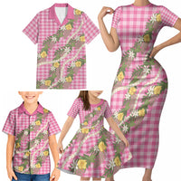 Aloha Puakenikeni Anthurium Pikake Lei Family Matching Short Sleeve Bodycon Dress and Hawaiian Shirt Tropical Pink Hawaiian Palaka Pattern LT9 - Polynesian Pride