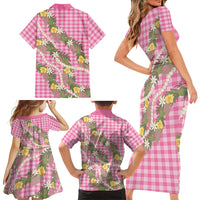 Aloha Puakenikeni Anthurium Pikake Lei Family Matching Short Sleeve Bodycon Dress and Hawaiian Shirt Tropical Pink Hawaiian Palaka Pattern LT9 Mom's Dress Pink - Polynesian Pride