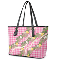 Aloha Puakenikeni Anthurium Pikake Lei Leather Tote Bag Tropical Pink Hawaiian Palaka Pattern LT9 - Polynesian Pride