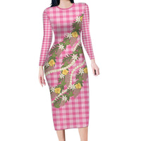Aloha Puakenikeni Anthurium Pikake Lei Long Sleeve Bodycon Dress Tropical Pink Hawaiian Palaka Pattern LT9 Long Dress Pink - Polynesian Pride