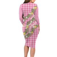 Aloha Puakenikeni Anthurium Pikake Lei Long Sleeve Bodycon Dress Tropical Pink Hawaiian Palaka Pattern LT9 - Polynesian Pride