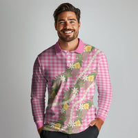 Aloha Puakenikeni Anthurium Pikake Lei Long Sleeve Polo Shirt Tropical Pink Hawaiian Palaka Pattern LT9 - Polynesian Pride