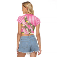 Aloha Puakenikeni Anthurium Pikake Lei Raglan Cropped T Shirt Tropical Pink Hawaiian Palaka Pattern LT9 - Polynesian Pride