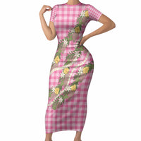 Aloha Puakenikeni Anthurium Pikake Lei Short Sleeve Bodycon Dress Tropical Pink Hawaiian Palaka Pattern LT9 Long Dress Pink - Polynesian Pride