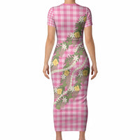 Aloha Puakenikeni Anthurium Pikake Lei Short Sleeve Bodycon Dress Tropical Pink Hawaiian Palaka Pattern LT9 - Polynesian Pride