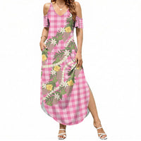 Aloha Puakenikeni Anthurium Pikake Lei Summer Maxi Dress Tropical Pink Hawaiian Palaka Pattern LT9 Women Pink - Polynesian Pride